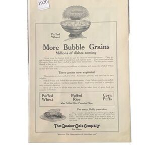 Vintage 1920 Quaker Oats More Bubble Grains Ad Advertisement
